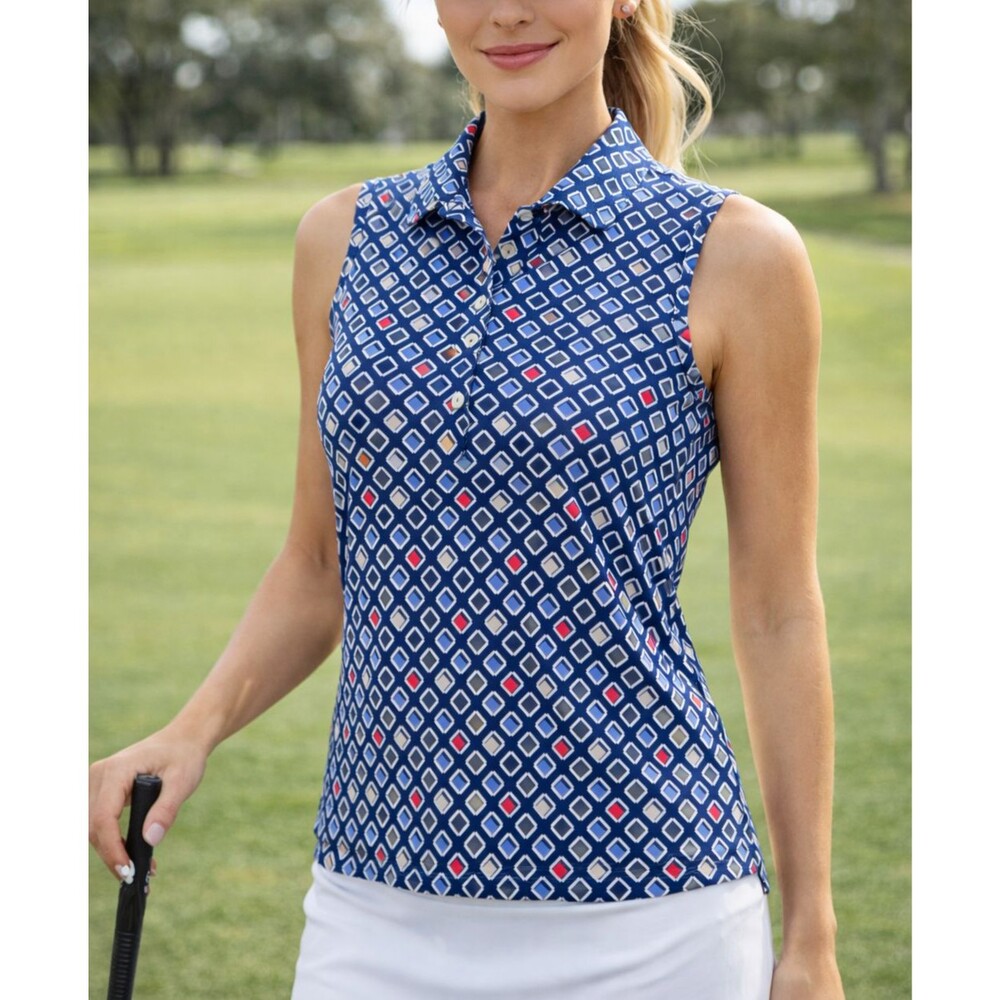 Peter Millar Womens Sleeveless Golf Top UPF 50+ Blue Geometric Polo Shirt XS